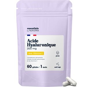 Acide Hyaluronique Pur, 60 Gélules Vegan, Action Anti-Âge + Anti-Rides, 800-900 kDa, Cure de 1 mois, Hydratation de la Peau, Avec Vitamine C, Fabriqué en France, Essentials by NOVOMA