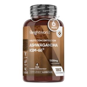 Ashwagandha KSM-66 1500mg/ Jour, 180 Comprimés Vegan (6 Mois), Plus de 5% de Withanolides, Haut Dosage 10:1 Extrait d'Ashwagandha en Poudre (Ginseng Indien/Withania Somnifera), Ayurvéda WeightWorld