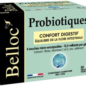 Belloc Probiotiques - Confort digestif – Equilibre de la Flore Intestinale - 4 Souches Microbiotiques - Dès 11 ans - 30 Gélules Végétales