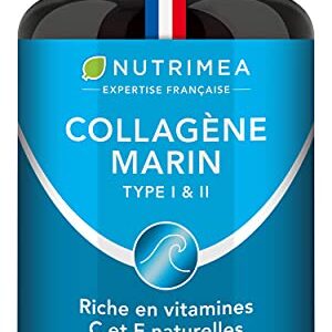 COLLAGENE MARIN - Type 1 & 2 BREVETÉ Pur et Naturel - Vitamines A, C & E Végétales - Nutrimea - Hydratation de la Peau - Protège Os et Articulations - 900 mg - 90 Gélules - Fabriqué en France