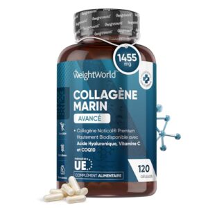 Collagène Marin Acide Hyaluronique 1200 mg,120 Collagene Marin Gélules, Vitamine C, Zinc, Coenzyme Q10, Pour Peau, Os, Immunité, Cheveux, Peptides Collagène Hydrolysé Type 1 NatiCol, Fabriqué en UE