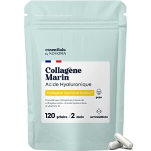 Collagène Marin + Acide Hyaluronique, Peau Hydratée et Articulations Fortes, Cure de 2 mois, 120 Gélules, Collagene Hydrolysé Type 1 Naticol®, Avec Vitamine C, Fabriqué en France, by Novoma