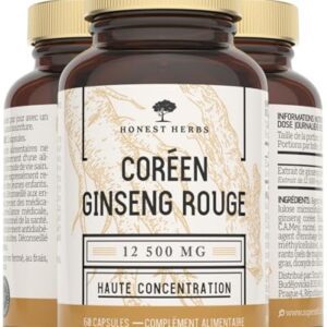 Ginseng Rouge de Corée Panax - Extra Fort 12 500 mg - 60 Gélules - Extrait de Racine de Ginseng avec 20% de Ginsénosides - Vegan