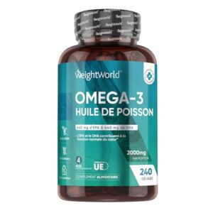 Huile de Poisson Oméga 3 2000mg, 240 Omega 3 Gelules pour 4 Mois-Haute Concentration en EPA 660mg +DHA 440mg, Pour le Cœur, le Cerveau, la Vision, la Tension Artérielle, Fish Oil Omega 3 Sans Odeur