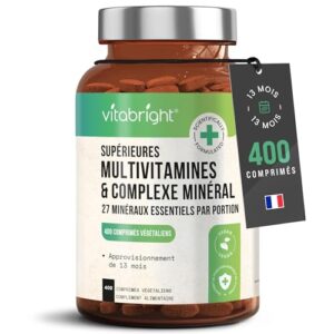 Multivitamines et Minéraux 400 Comprimés Multivitamines Femme/Homme, Complement Alimentaire Vitamine Fatigue Intense, Immunité Adulte, Cure Vitamine Adulte Vitamines Minéraux et Compléments VitaBright