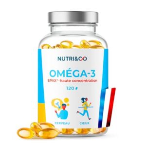 NUTRI & CO Omega 3 Huile de Poissons Sauvages EPAX®, Haute Concentration EPA DHA & Vitamine E Bio-Disponible, Fish Oil Pure, Oméga-3 Issus de Pêche Durable, 120 capsules Anti Oxydation, Made in France