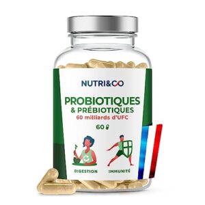 NUTRI & CO Probiotique Flore Intestinale - 60 Milliards UFC/jour - 9 Souches Bio-actives 2 Lactobacillus Brevetées - 60 Gélules Gastro-Résistantes aux Enzymes Digestives - Conditionné en France