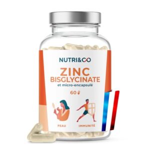 NUTRI & CO Zinc Bisglycinate Breveté TRAACS® + Sélénium Bio-Actif - Haute Absorption 100% des AR en 1 gélule - Complément Alimentaire Immunité Peau Cheveux Fertilité - 60 gélules - Fabriqué en France