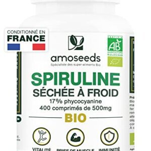 Spiruline BIO Extra Forte | 400 comprimés vegan de 500mg | Jusqu'à 19% Phycocyanine, Séchée à froid | 4500mg par jour | Vitamines, Réduit la Fatigue, Immunité | Qualité Supérieure