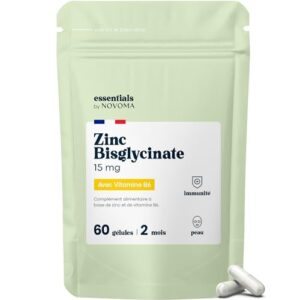 Zinc Bisglycinate + Vitamine B6, Renforce l'Immunité & Combat l’Acné, Assimilation Optimale, Cure de 2 mois, 60 Gélules Végétales, Complément Alimentaire Fabriqué en France,Essentials by Novoma